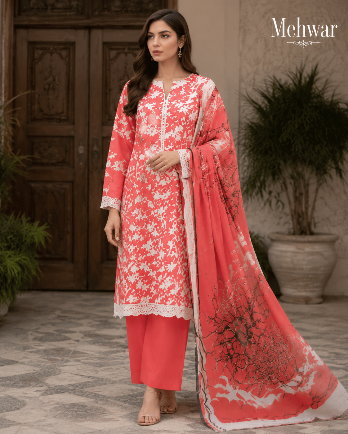 Mehwar – Coral Blossom Printed Lawn Suit