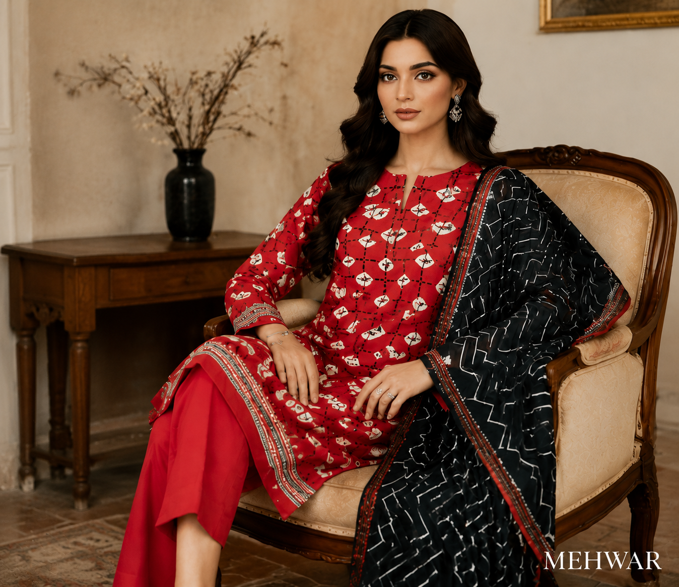 Mehwar – Crimson Noir Printed Lawn Suit