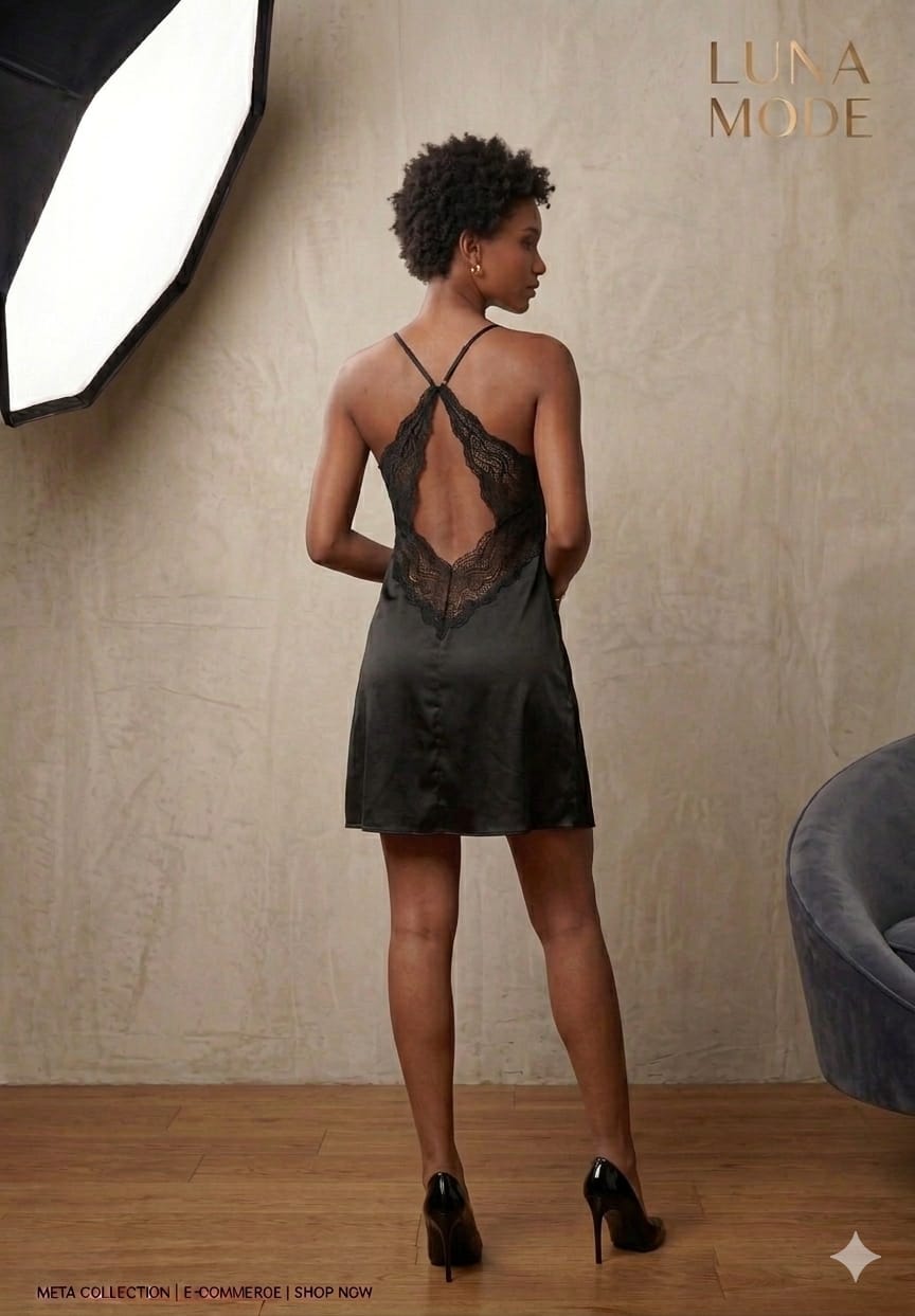 Plunge Neck Lace Trim Slip Night Dress In Black Satin
