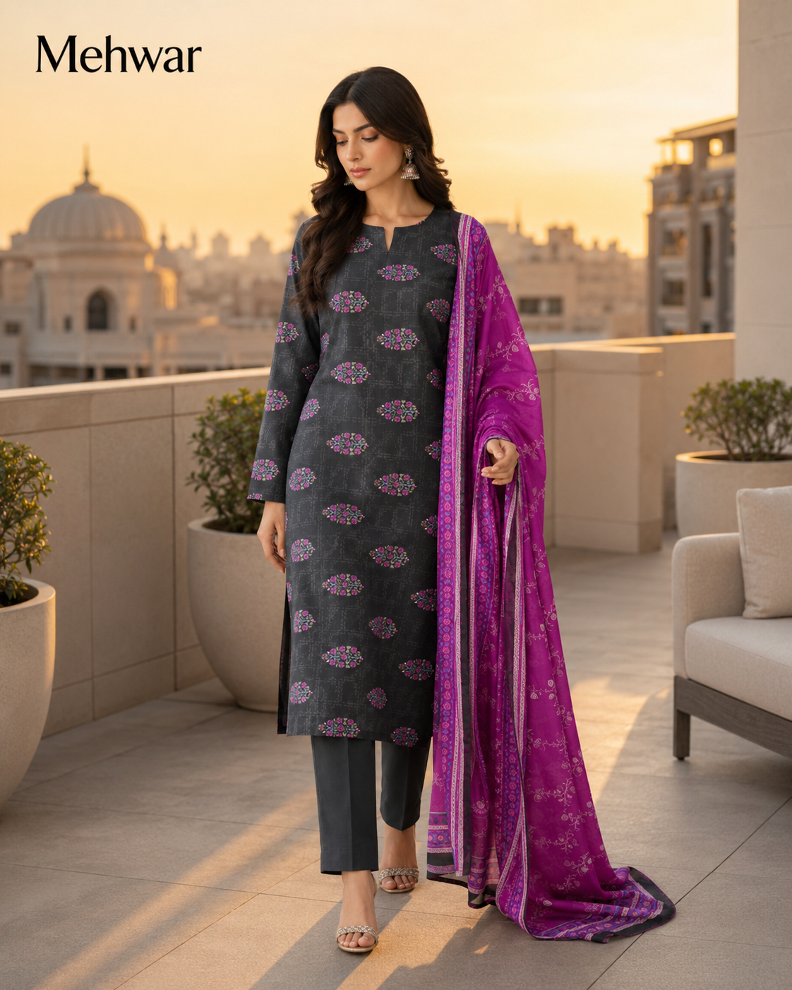 Mehwar – Midnight Orchid Printed Lawn Suit