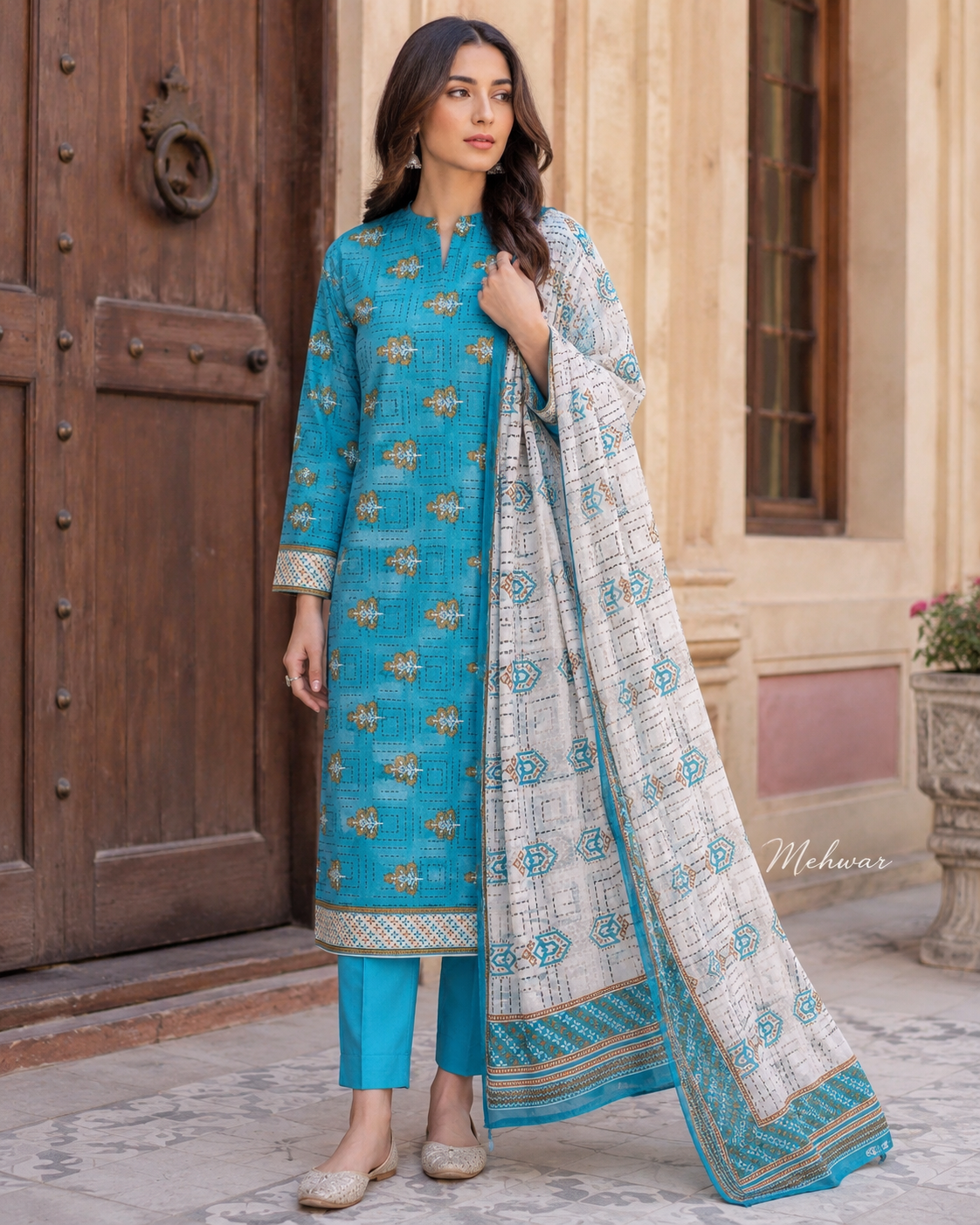 Mehwar – Turquoise Serenity Printed Lawn Suit
