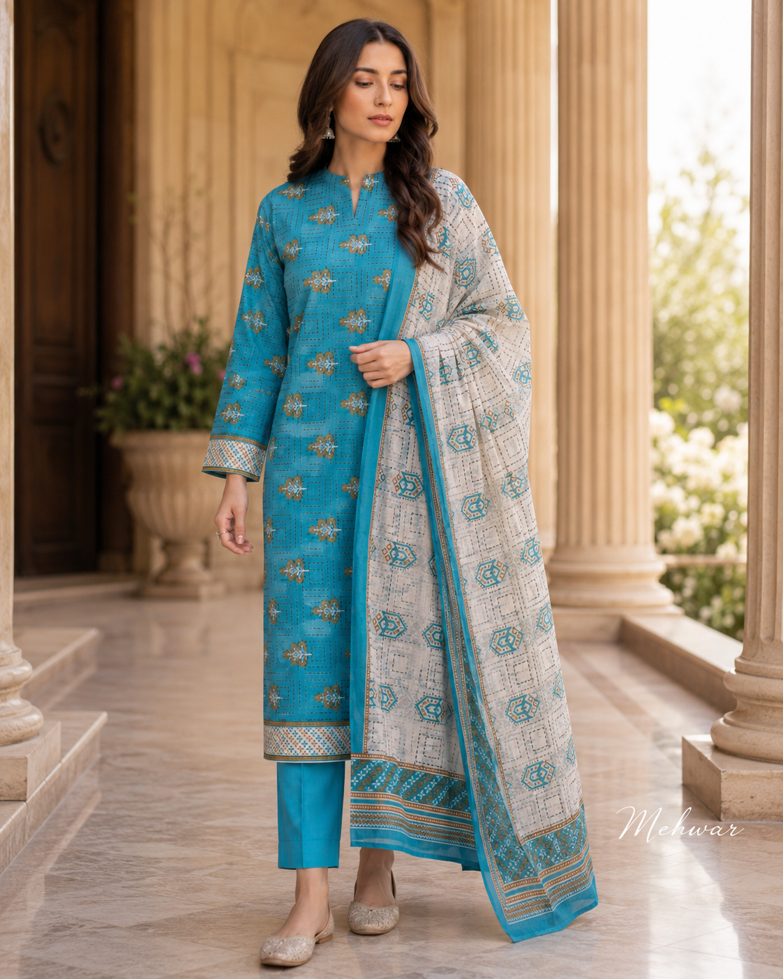Mehwar – Turquoise Serenity Printed Lawn Suit