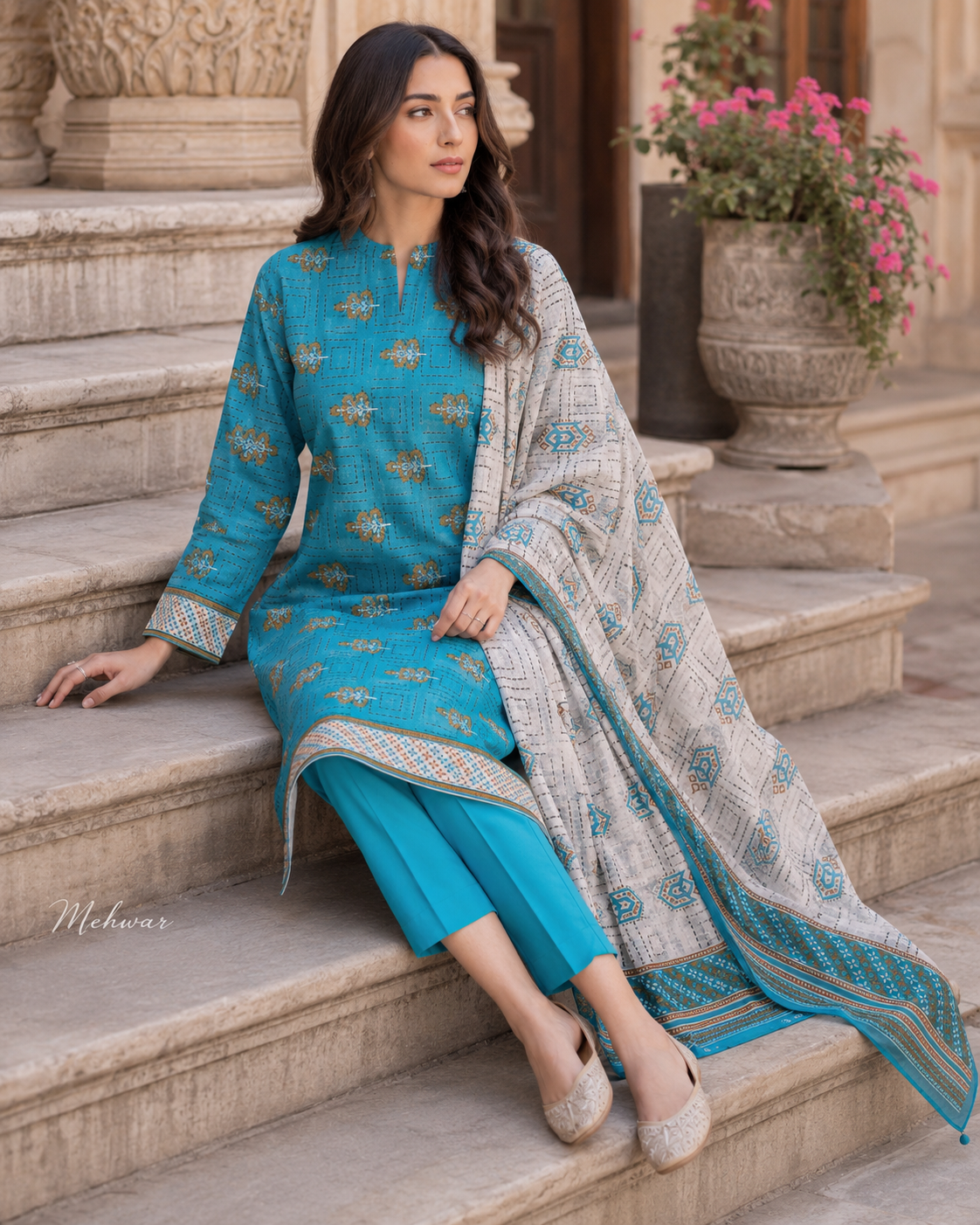 Mehwar – Turquoise Serenity Printed Lawn Suit