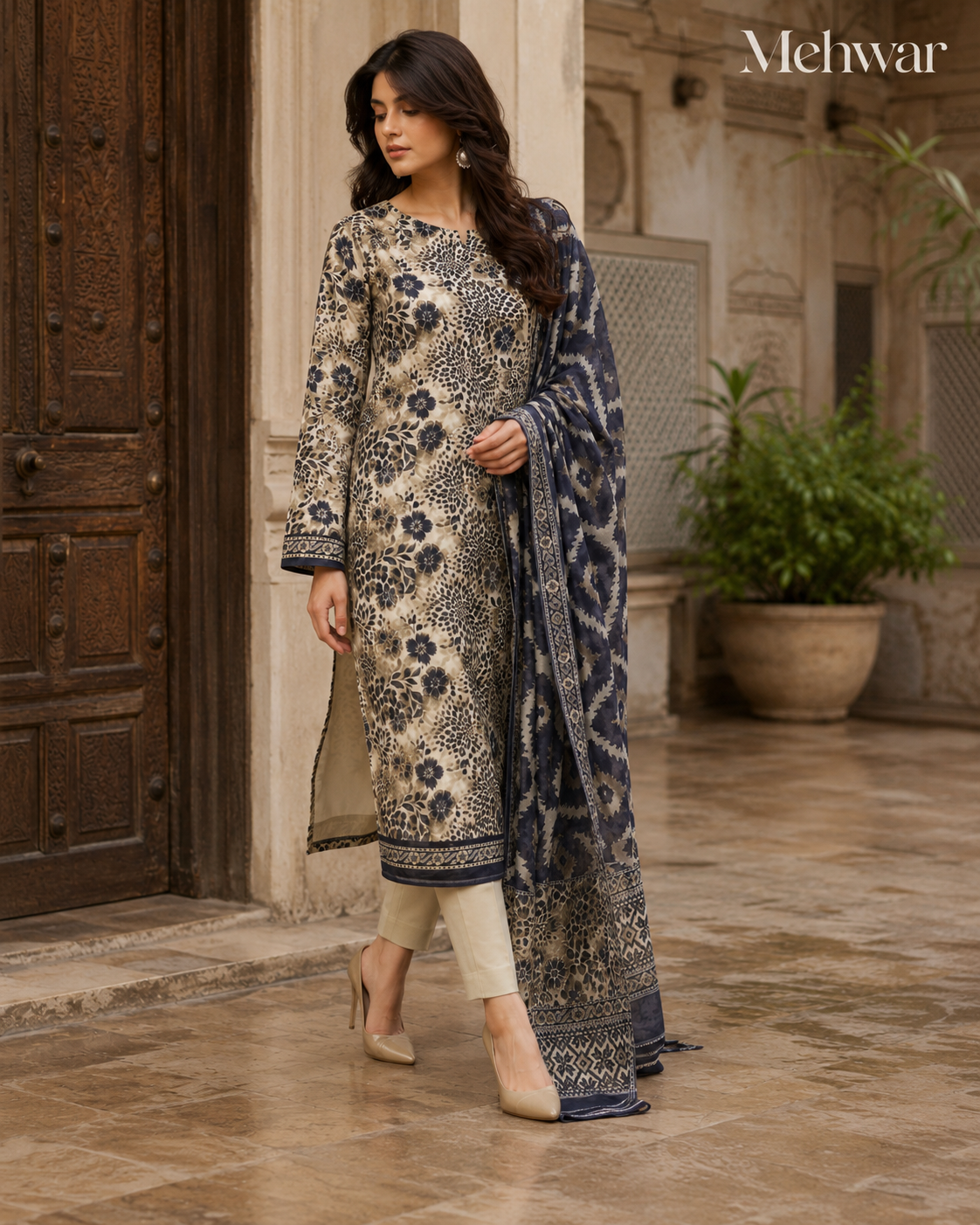 Mehwar – Ivory Noir Heritage Printed Lawn Suit