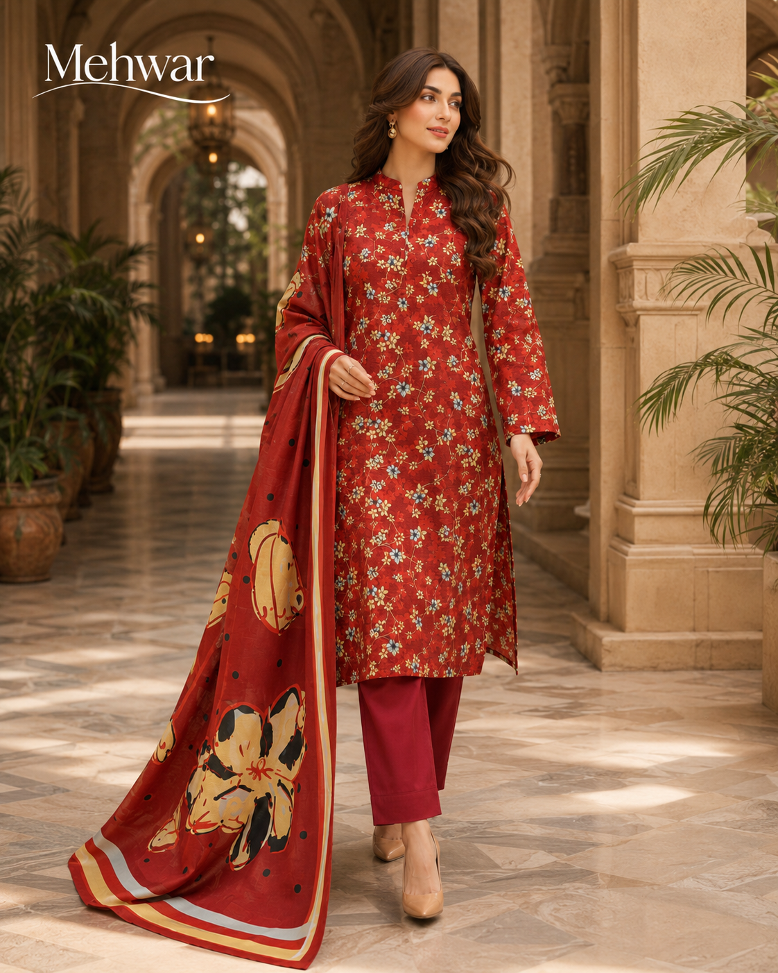 Mehwar – Crimson Meadow Floral Printed Lawn Suit