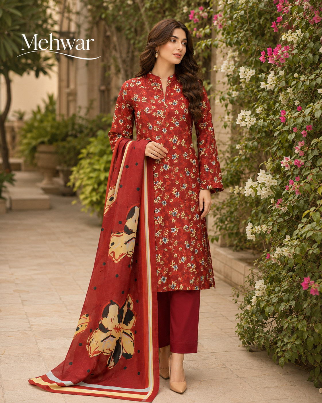 Mehwar – Crimson Meadow Floral Printed Lawn Suit