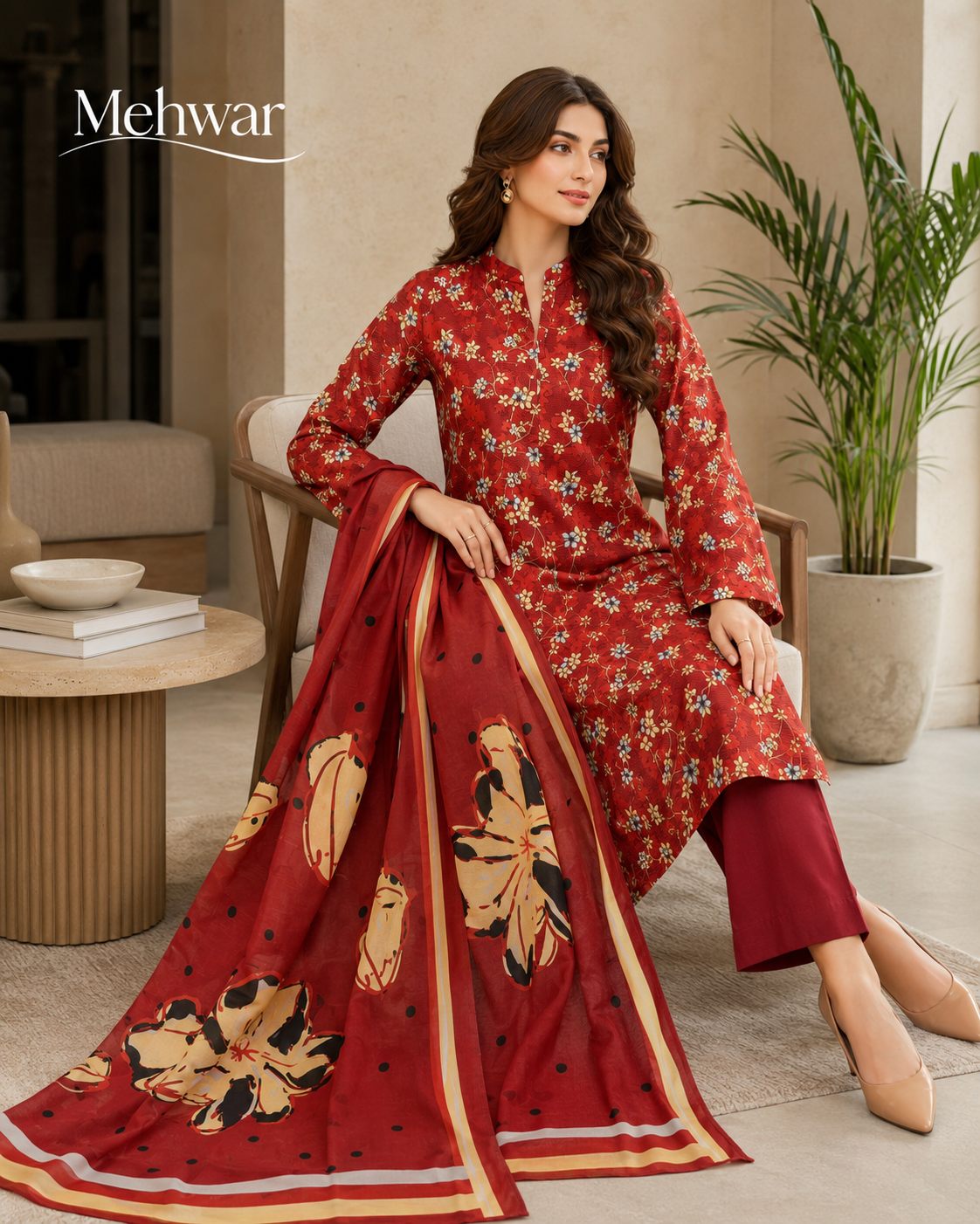 Mehwar – Crimson Meadow Floral Printed Lawn Suit