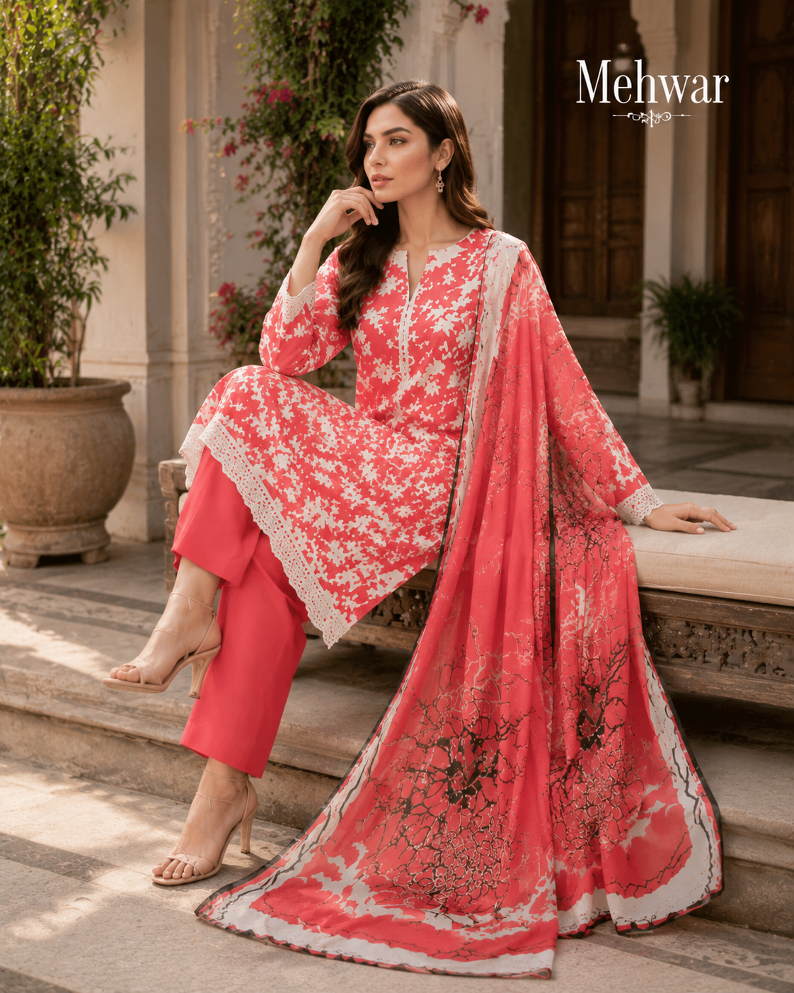 Mehwar – Coral Blossom Printed Lawn Suit