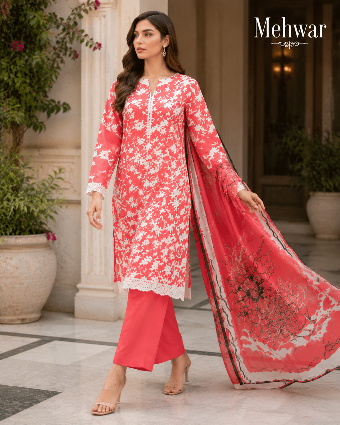 Mehwar – Coral Blossom Printed Lawn Suit