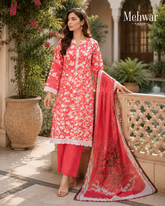 Mehwar – Coral Blossom Printed Lawn Suit