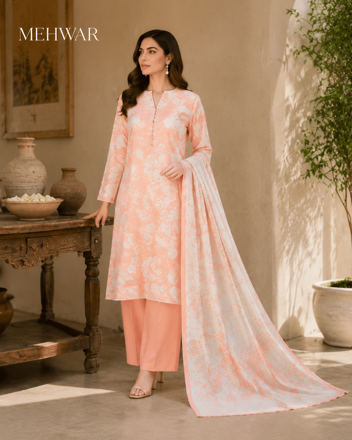 Mehwar – Peach Serenity Floral Printed Lawn Suit
