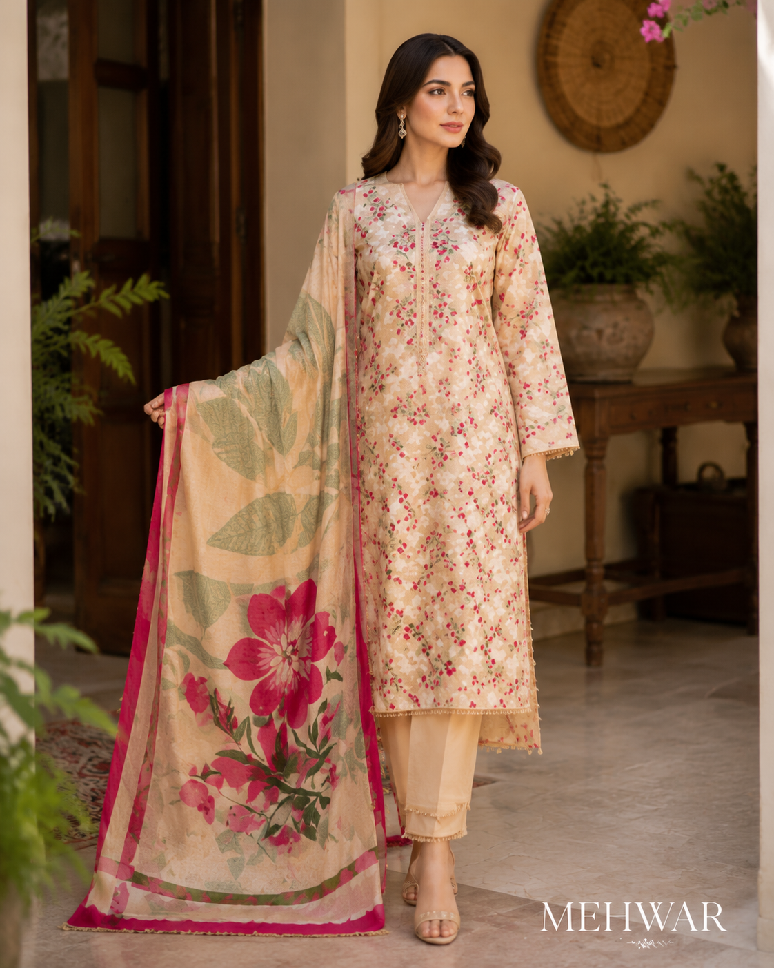 Mehwar – Rosé Garden Floral Printed Lawn Suit