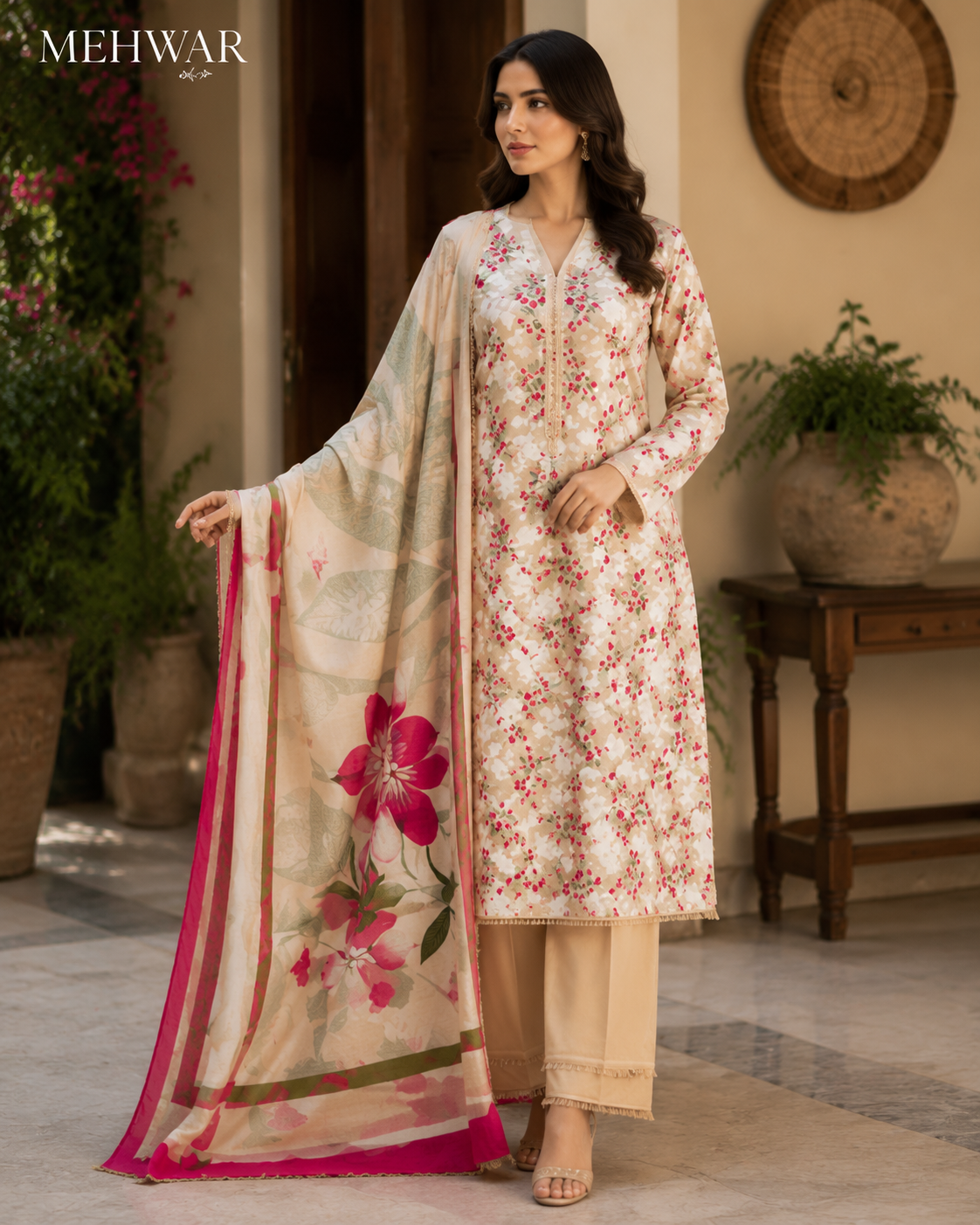 Mehwar – Rosé Garden Floral Printed Lawn Suit