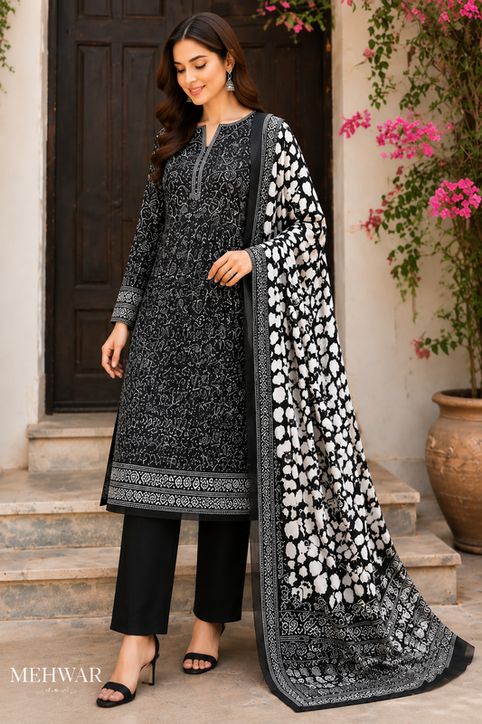 Mehwar – Noir Elegance Printed Lawn Suit