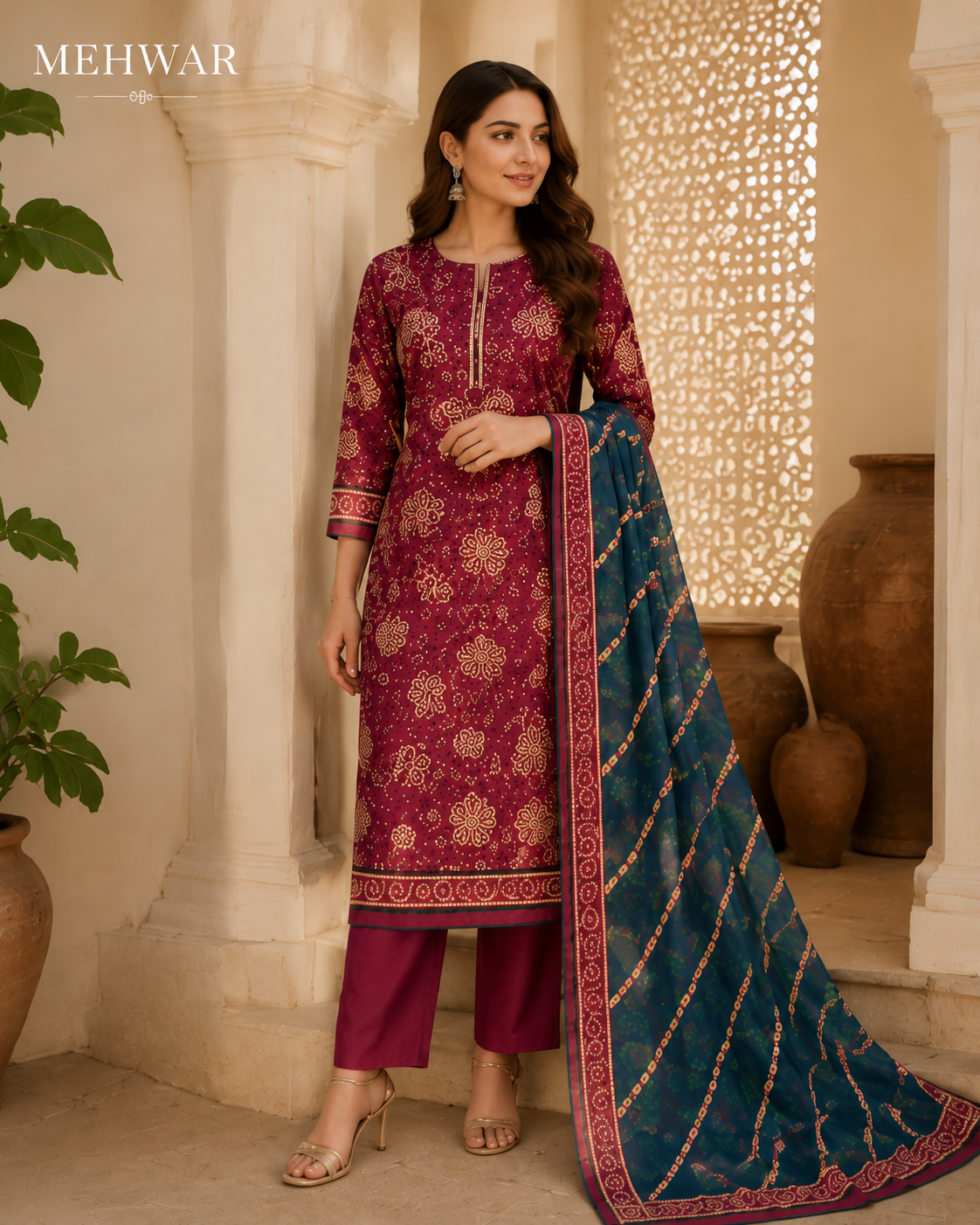Mehwar – Royal Maroon Jacquard Printed Lawn Suit