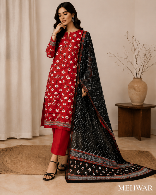 Mehwar – Crimson Noir Printed Lawn Suit
