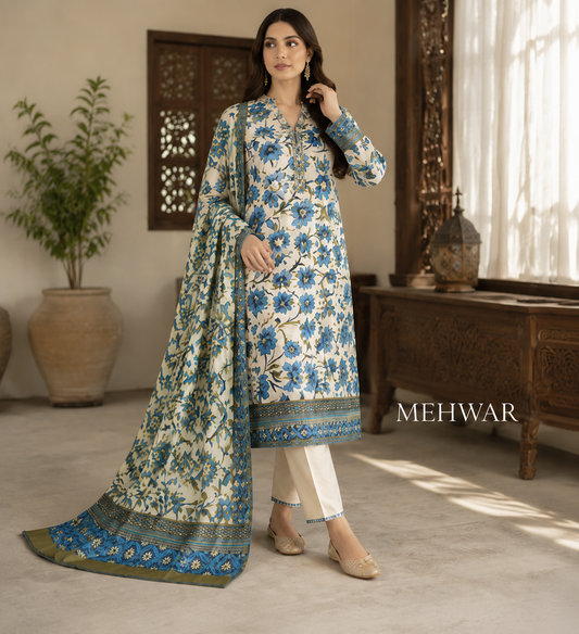 Mehwar – Azure Blossom Printed Lawn Suit